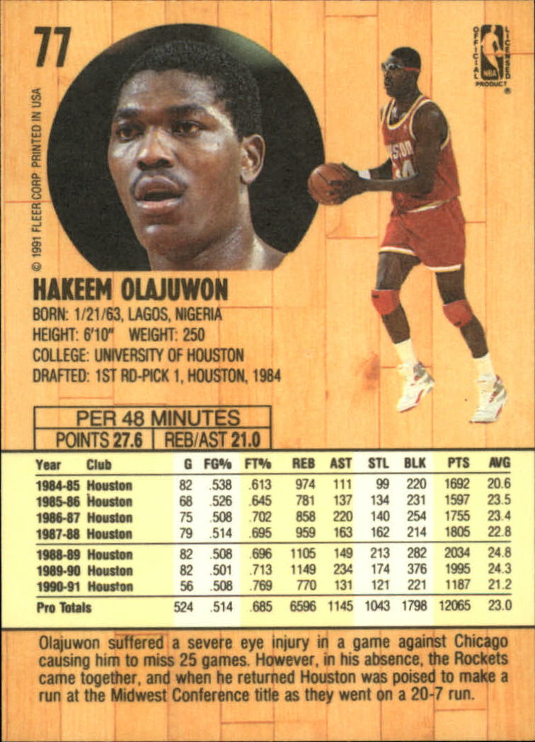1991-92 Fleer #77 Hakeem Olajuwon back image