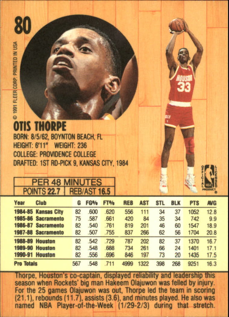 1991-92 Fleer #80 Otis Thorpe back image