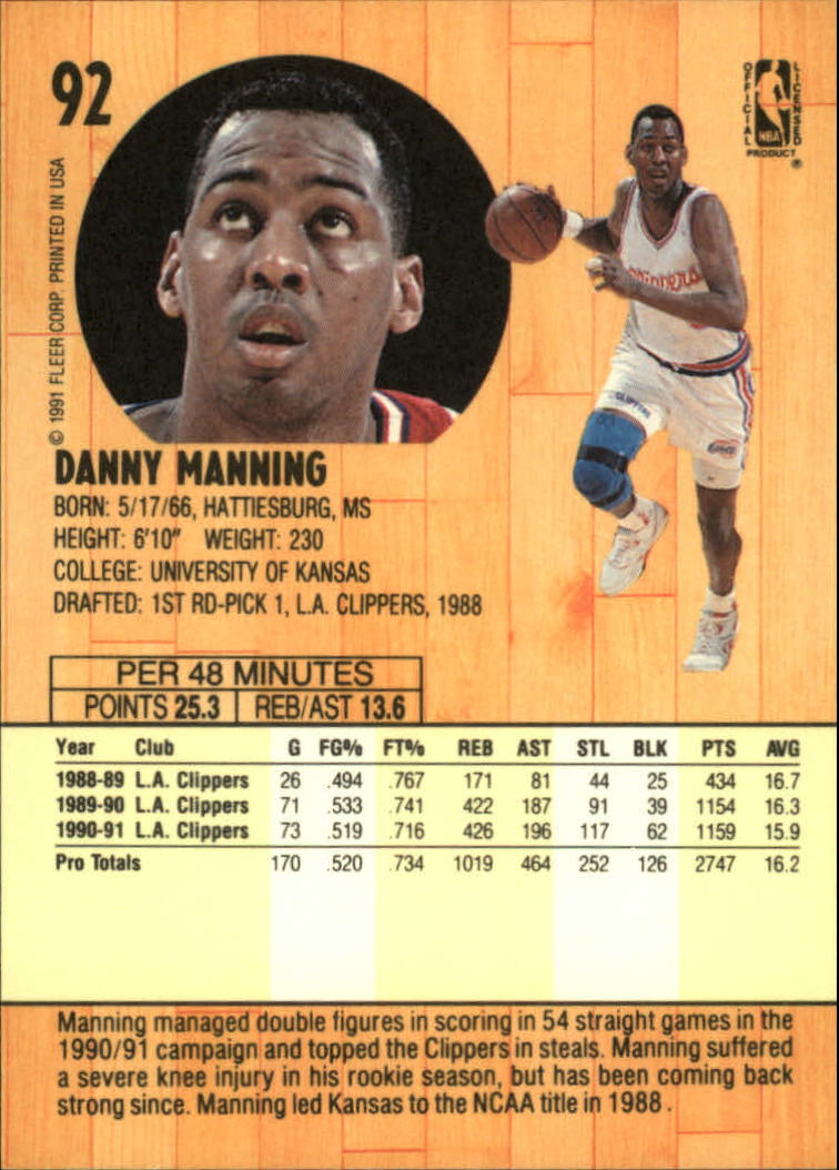 1991-92 Fleer #92 Danny Manning back image