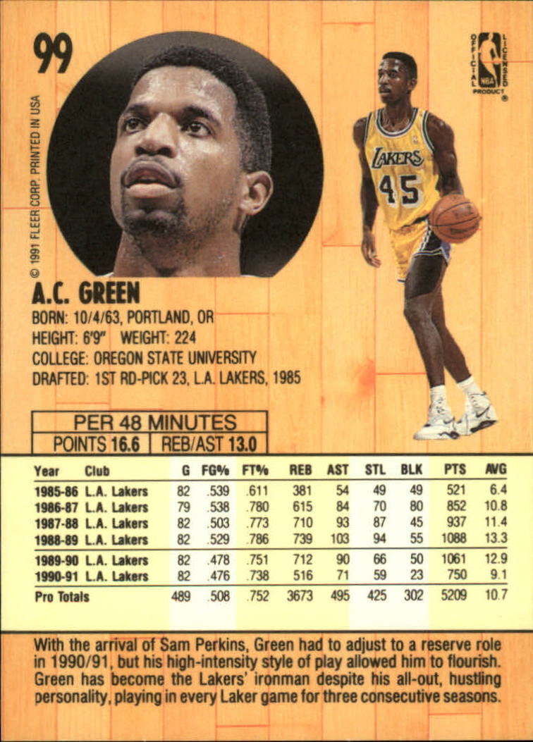 1991-92 Fleer #99 A.C. Green back image