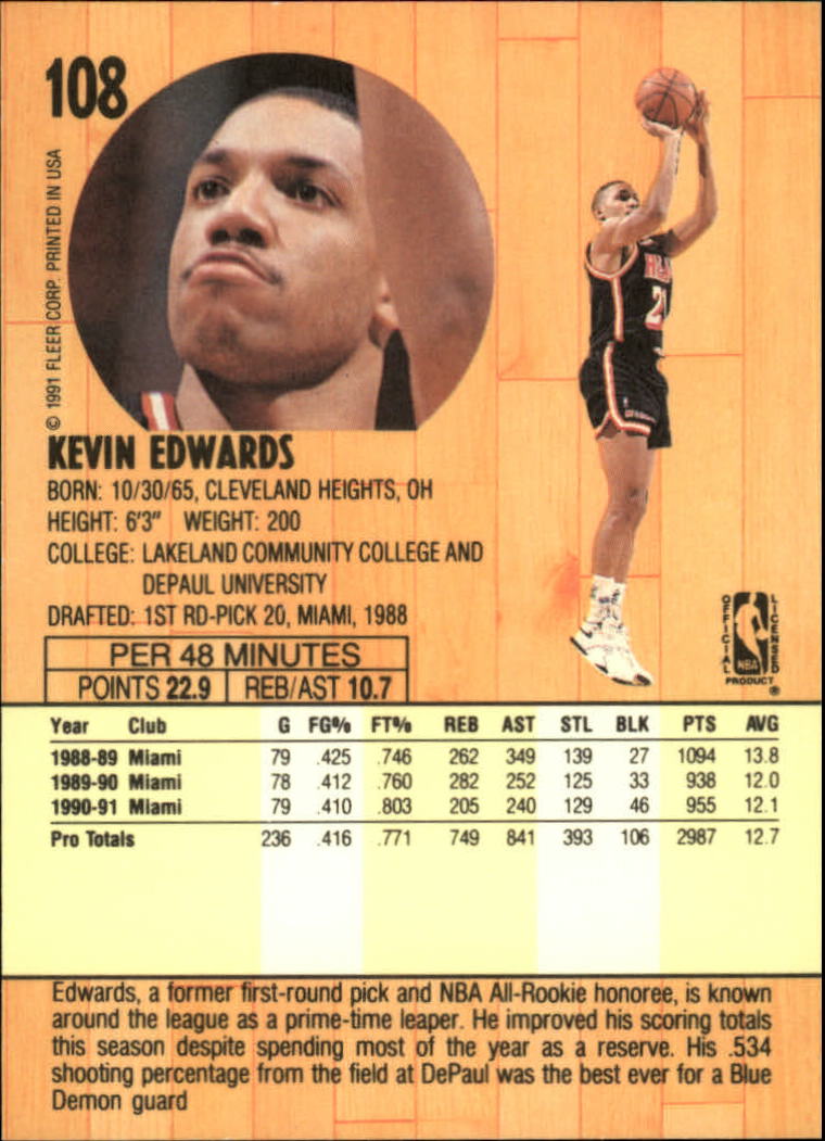 1991-92 Fleer #108 Kevin Edwards back image