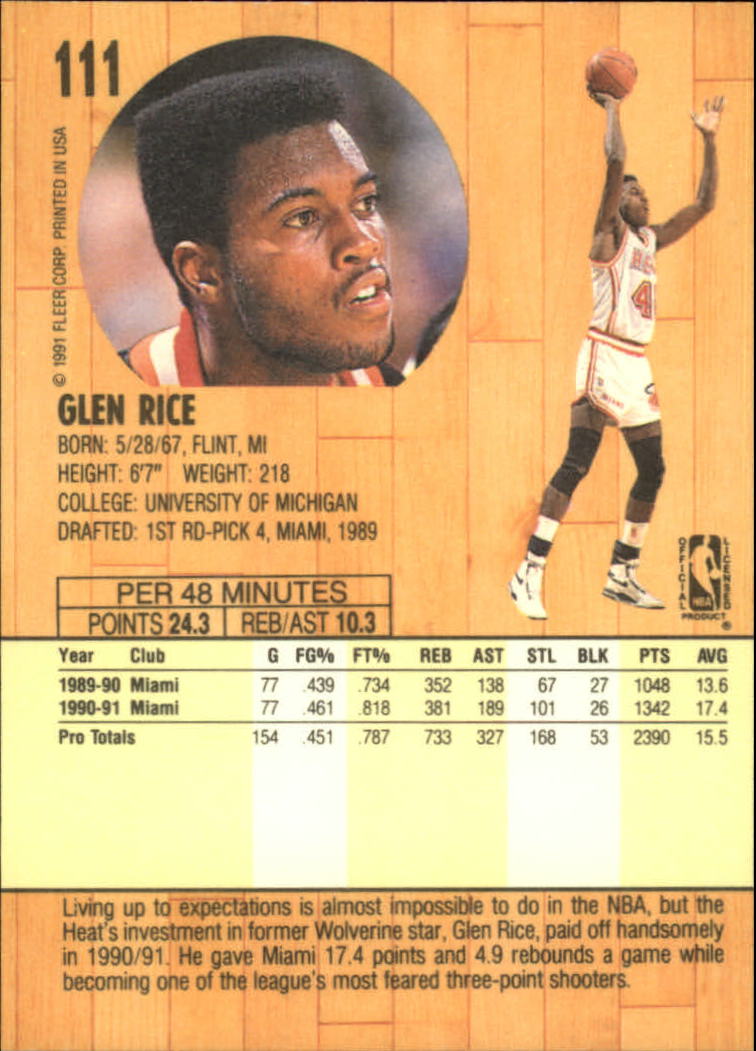 1991-92 Fleer #111 Glen Rice back image