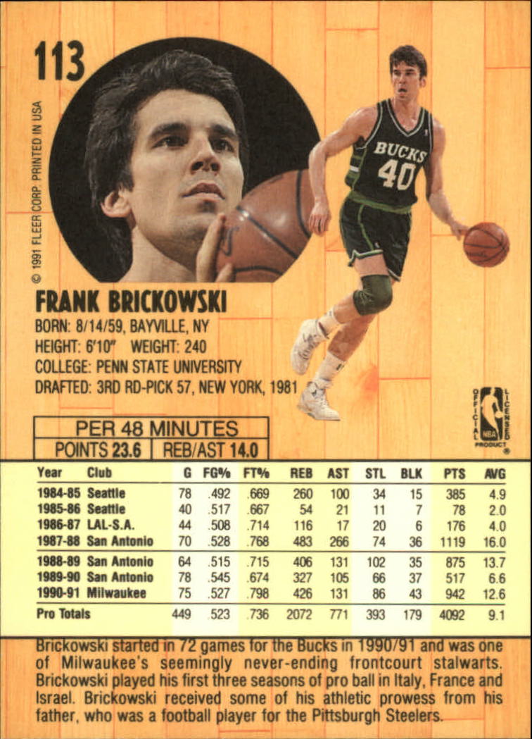 1991-92 Fleer #113 Frank Brickowski back image