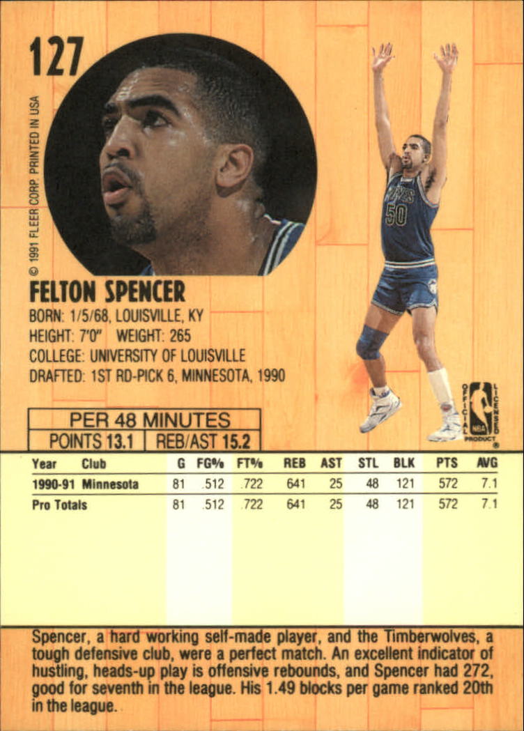 1991-92 Fleer #127 Felton Spencer back image