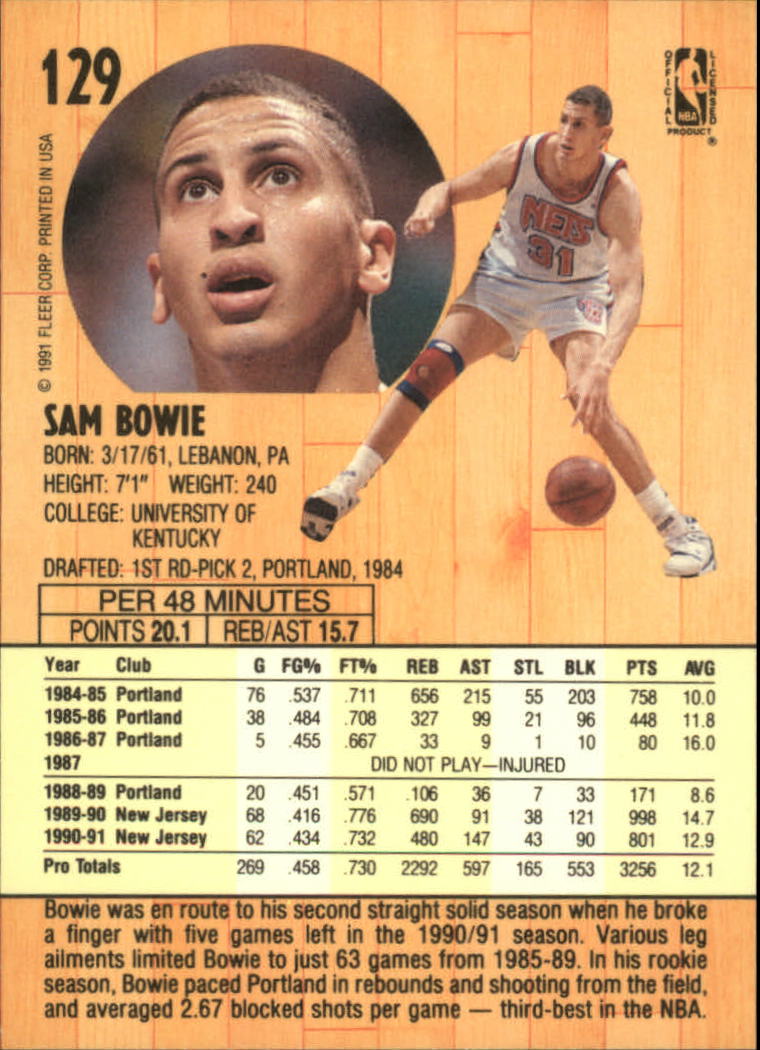 1991-92 Fleer #129 Sam Bowie back image