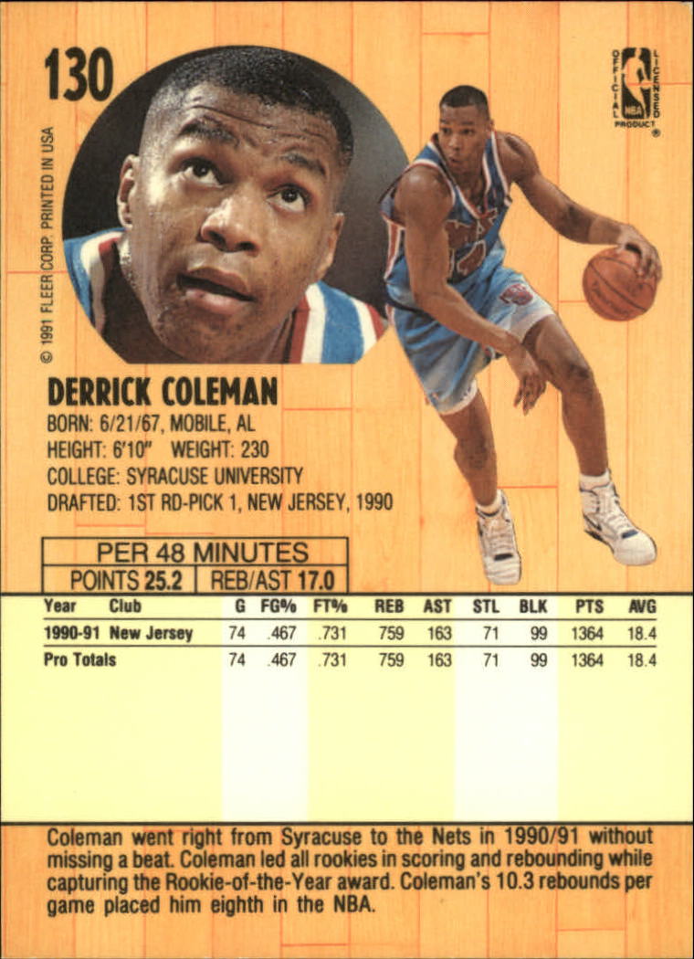 1991-92 Fleer #130 Derrick Coleman back image