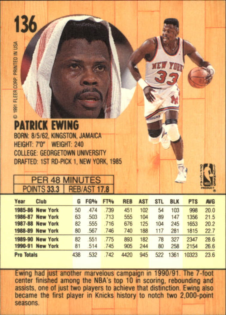 1991-92 Fleer #136 Patrick Ewing back image