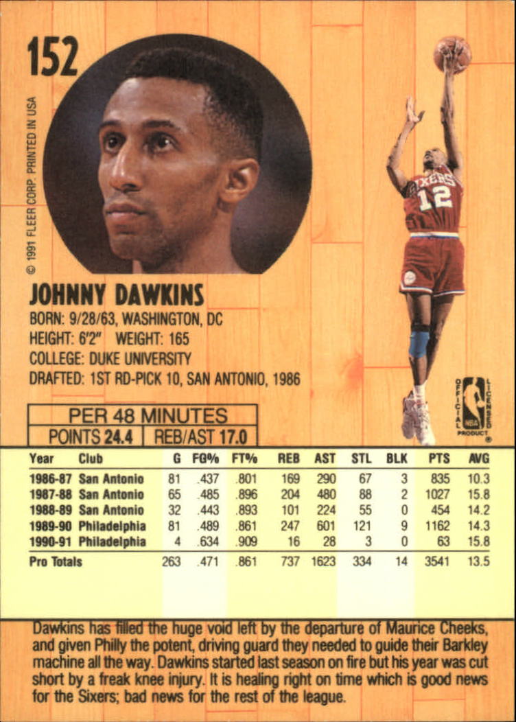 1991-92 Fleer #152 Johnny Dawkins back image