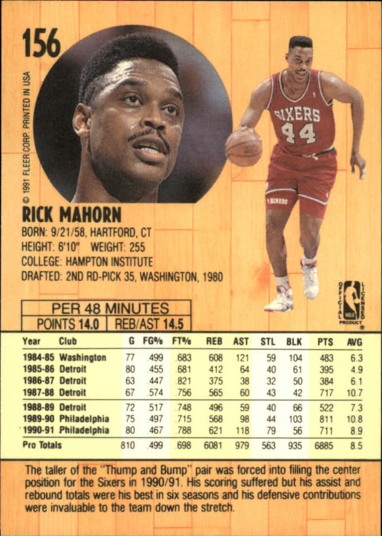 1991-92 Fleer #156 Rick Mahorn back image