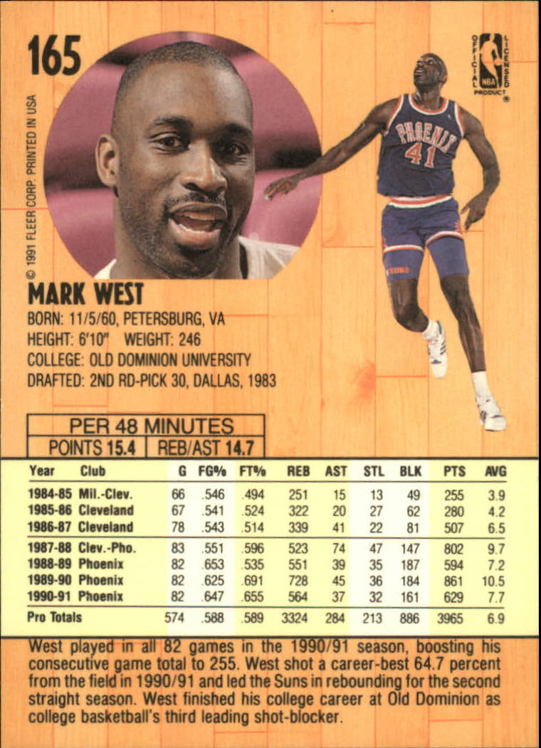 1991-92 Fleer #165 Mark West back image
