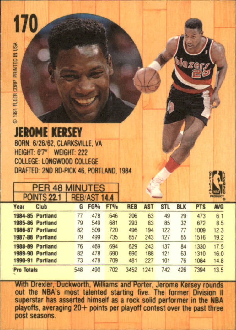 1991-92 Fleer #170 Jerome Kersey back image
