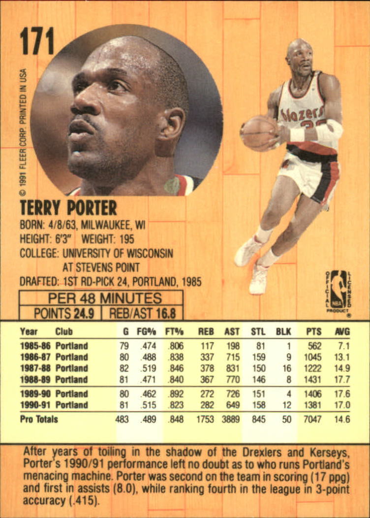 1991-92 Fleer #171 Terry Porter back image