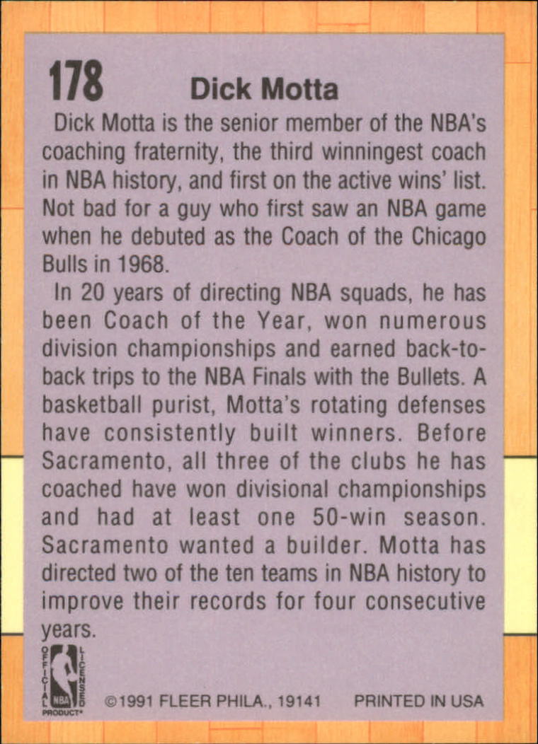 1991-92 Fleer #178 Dick Motta CO back image