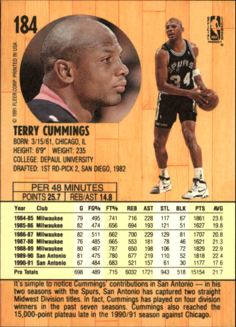 1991-92 Fleer #184 Terry Cummings back image