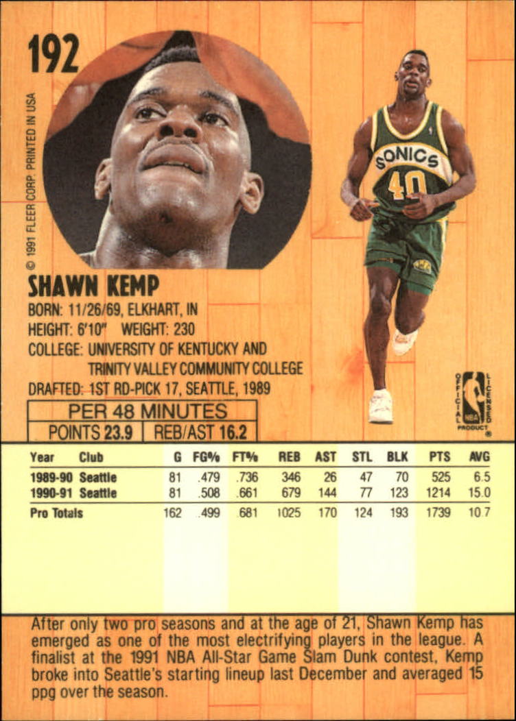1991-92 Fleer #192 Shawn Kemp back image