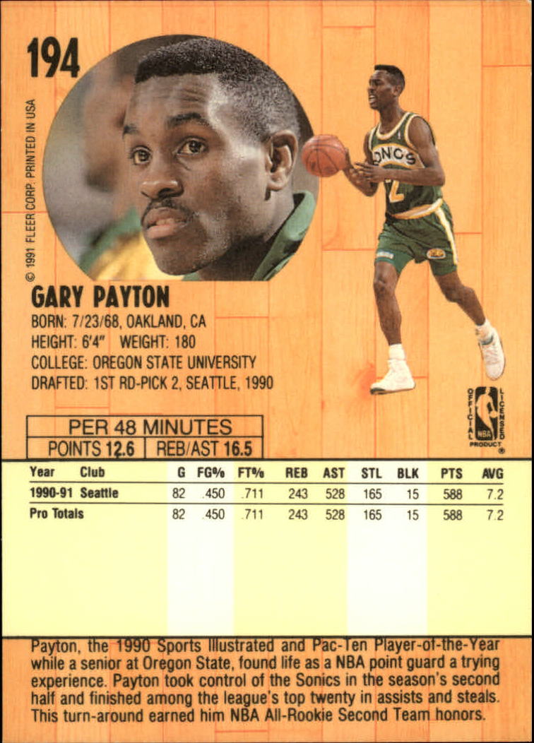 1991-92 Fleer #194 Gary Payton back image