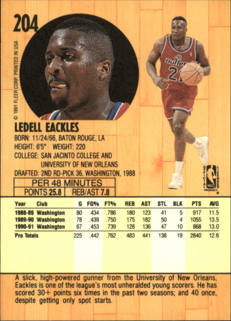1991-92 Fleer #204 Ledell Eackles back image