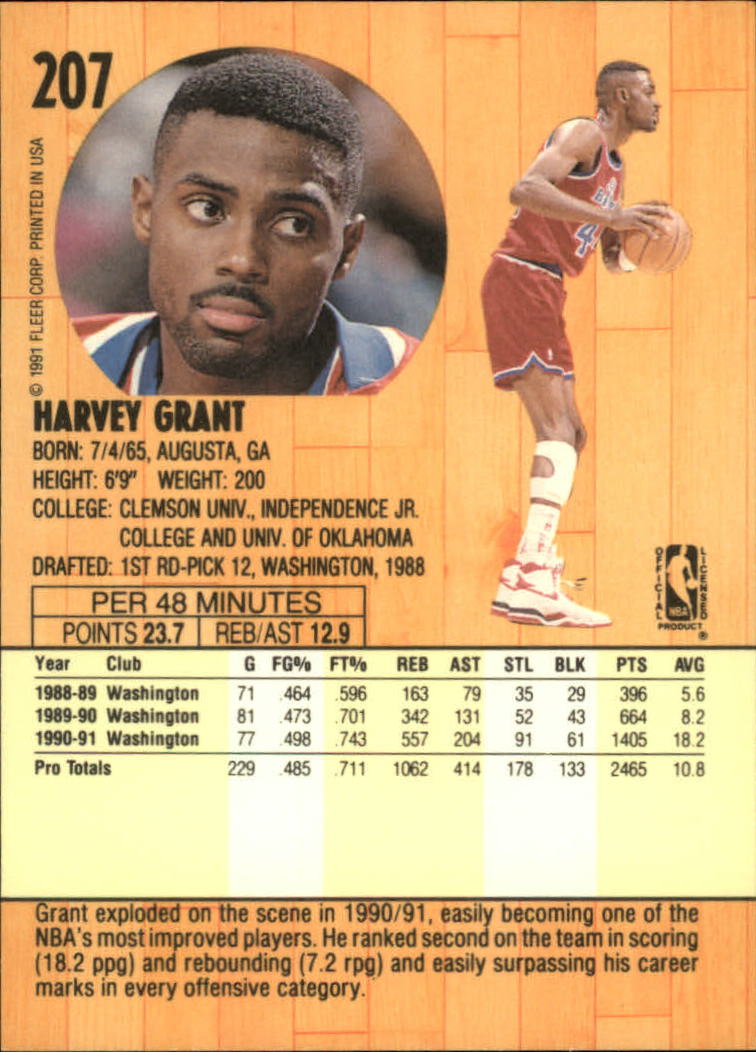 1991-92 Fleer #207 Harvey Grant back image