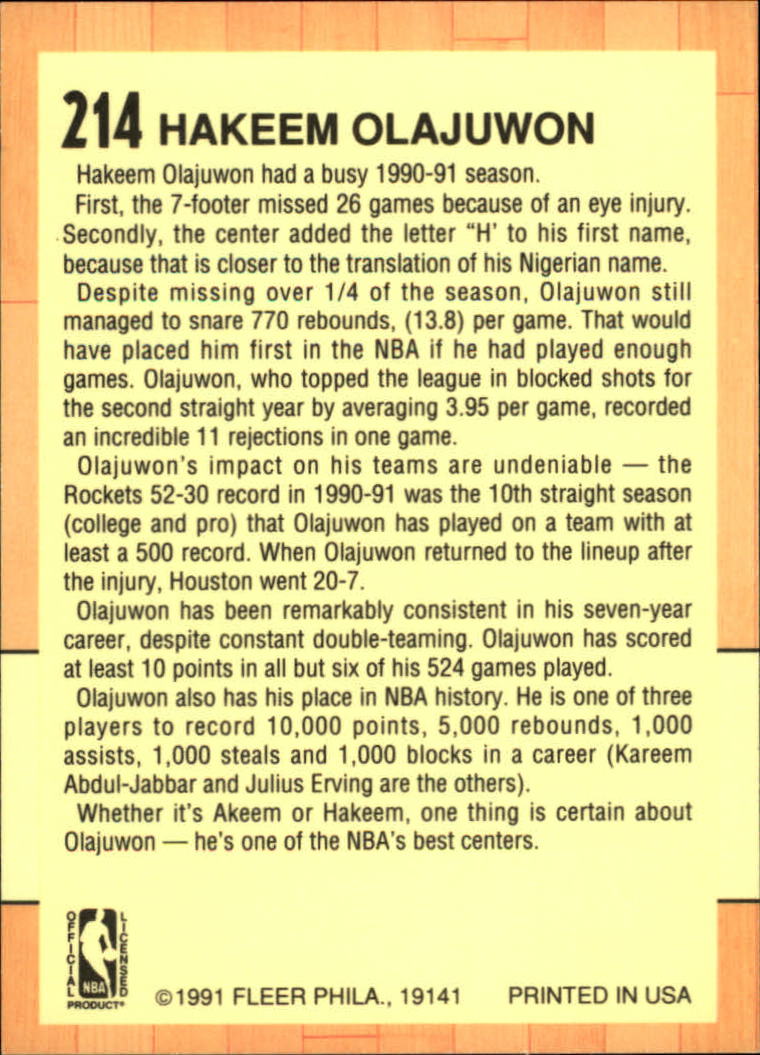 1991-92 Fleer #214 Hakeem Olajuwon AS back image