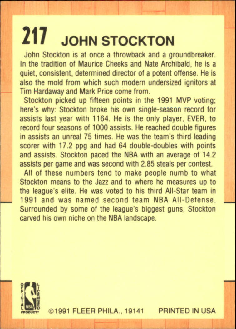 1991-92 Fleer #217 John Stockton AS back image