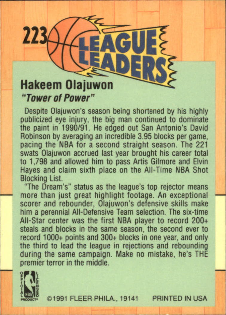 1991-92 Fleer #223 Hakeem Olajuwon LL back image