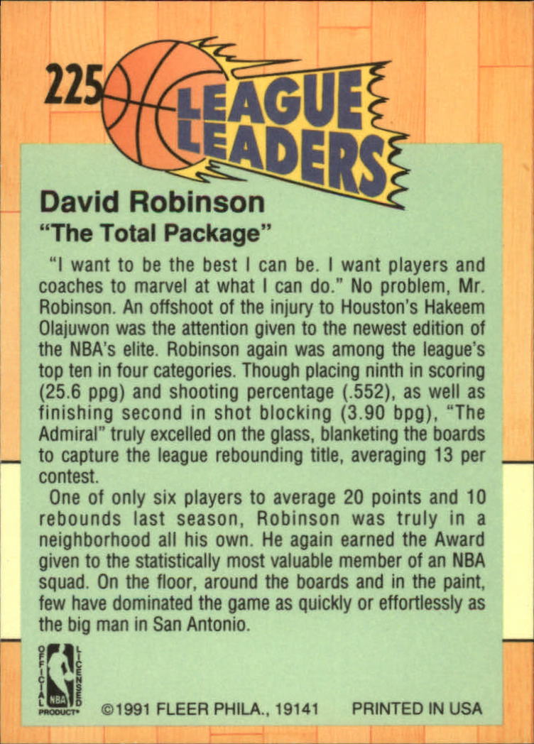 1991-92 Fleer #225 David Robinson LL back image