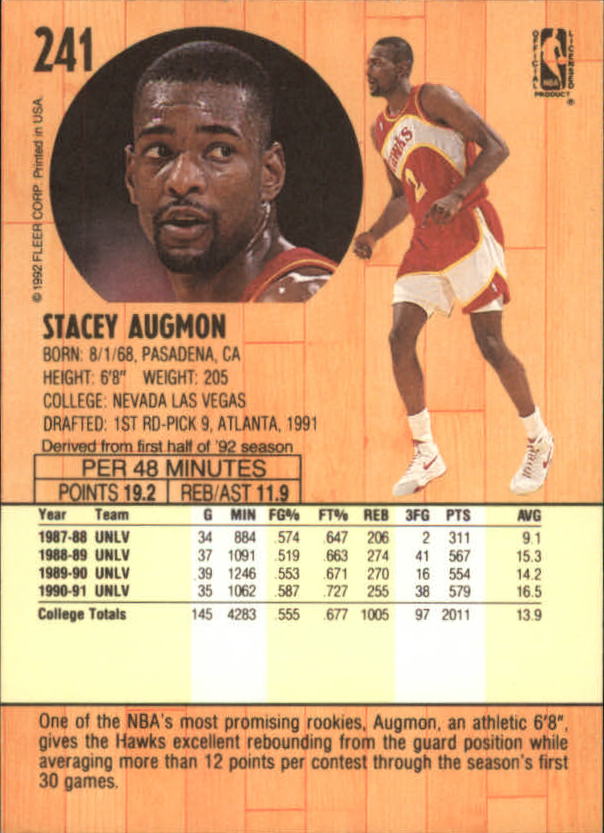 1991-92 Fleer #241 Stacey Augmon RC back image