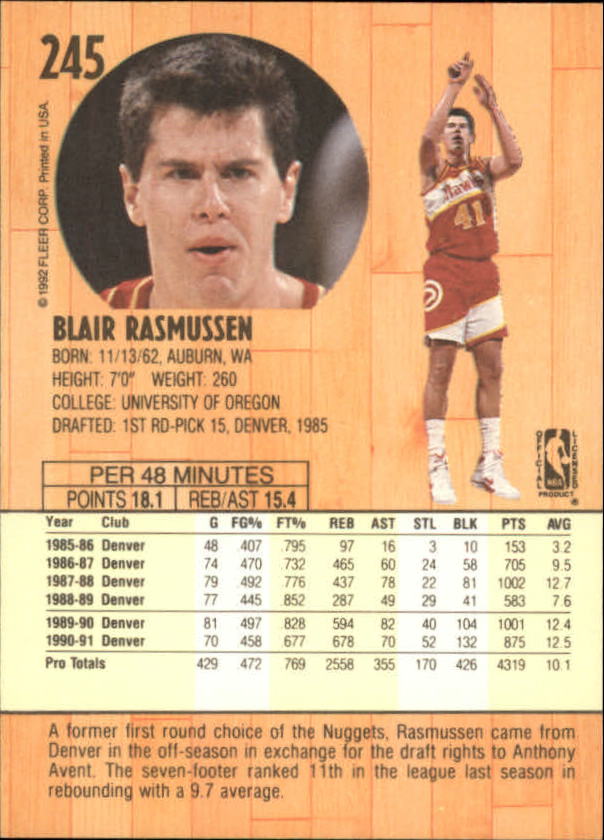 1991-92 Fleer #245 Blair Rasmussen back image