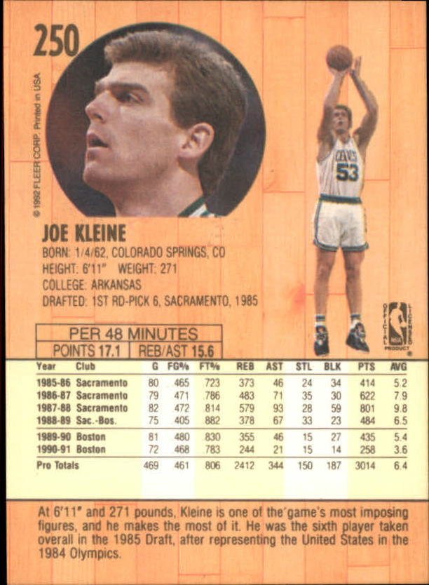1991-92 Fleer #250 Joe Kleine back image