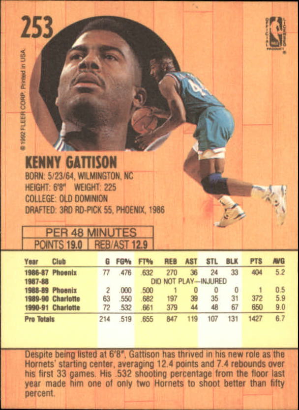 1991-92 Fleer #253 Kenny Gattison back image