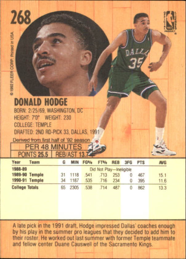 1991-92 Fleer #268 Donald Hodge RC back image
