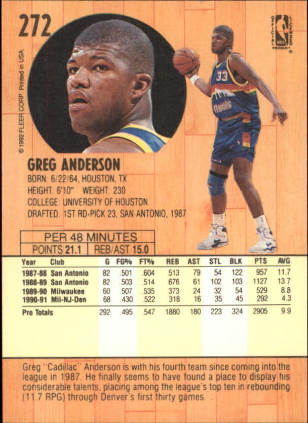 1991-92 Fleer #272 Greg Anderson back image