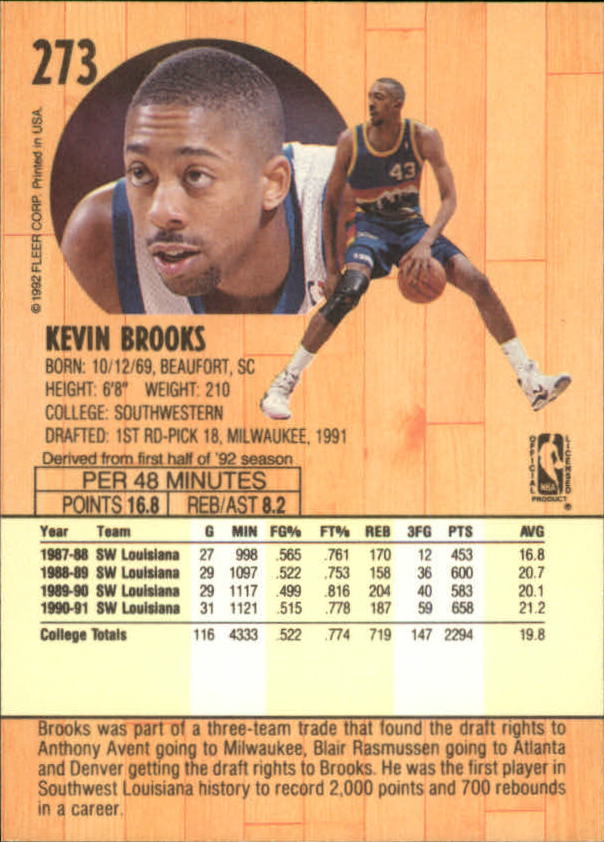 1991-92 Fleer #273 Kevin Brooks RC back image
