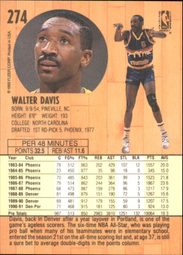 1991-92 Fleer #274 Walter Davis back image