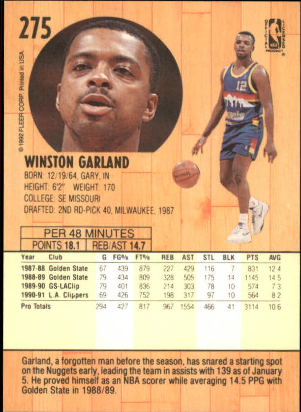 1991-92 Fleer #275 Winston Garland back image