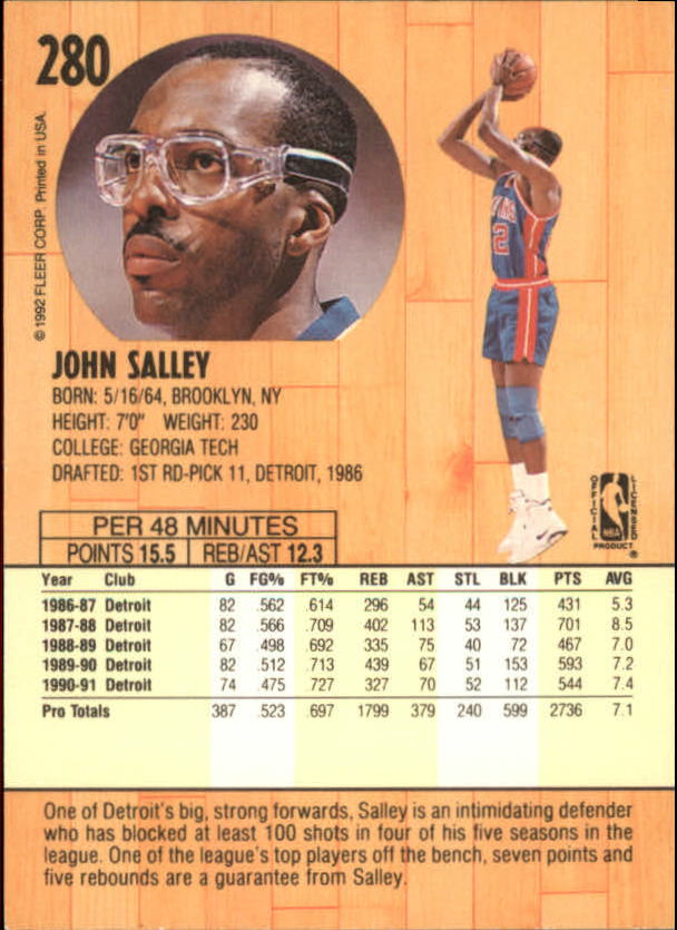 1991-92 Fleer #280 John Salley back image