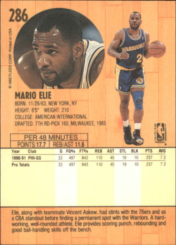 1991-92 Fleer #286 Mario Elie RC back image