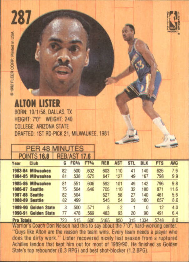 1991-92 Fleer #287 Alton Lister back image