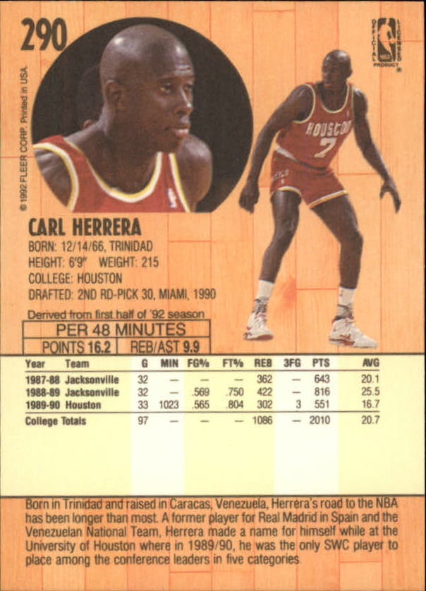 1991-92 Fleer #290 Carl Herrera RC back image