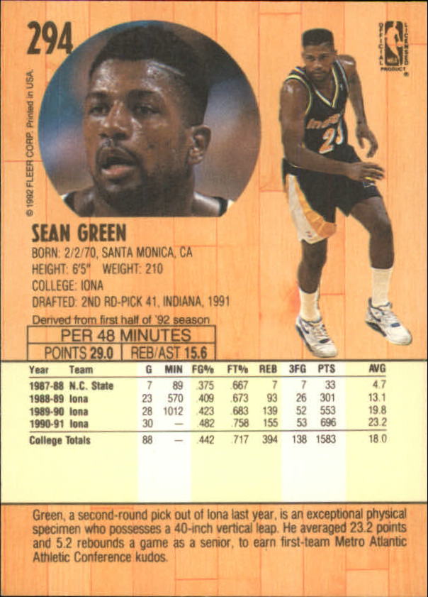 1991-92 Fleer #294 Sean Green RC back image