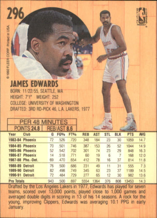 1991-92 Fleer #296 James Edwards back image