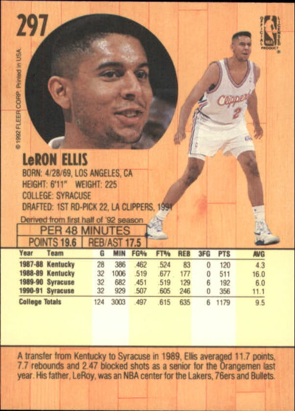 1991-92 Fleer #297 LeRon Ellis RC back image