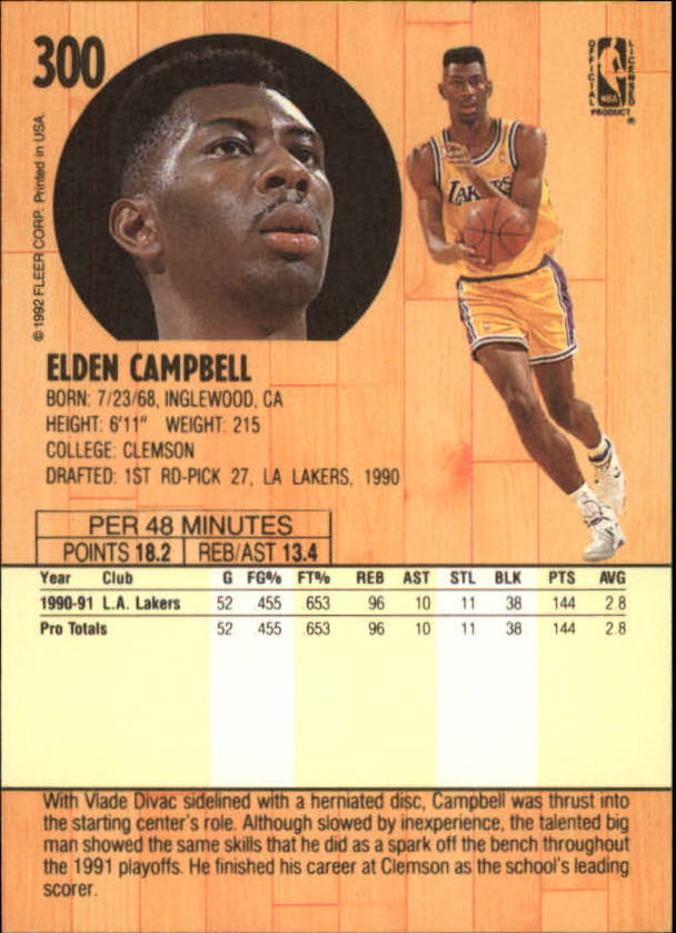 1991-92 Fleer #300 Elden Campbell back image