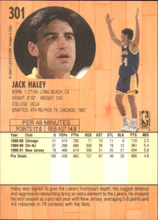1991-92 Fleer #301 Jack Haley back image
