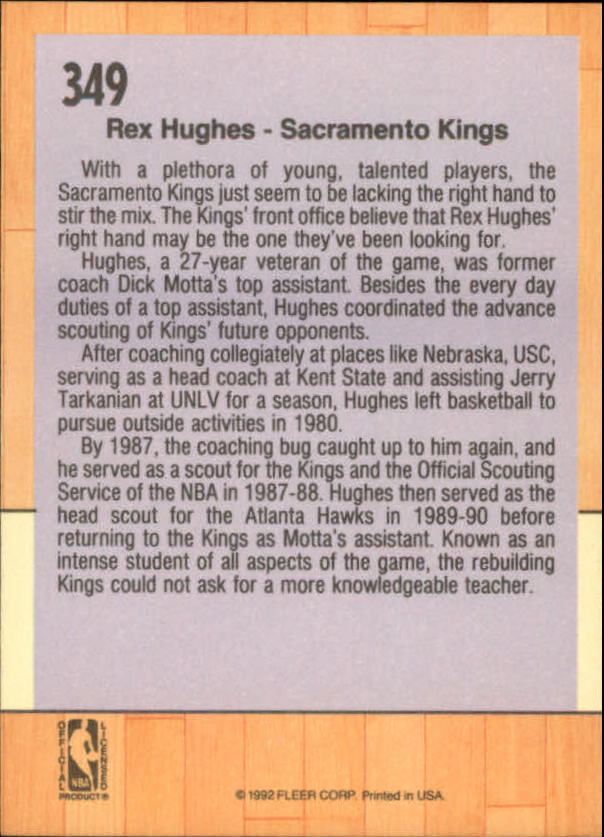 1991-92 Fleer #349 Rex Hughes CO back image
