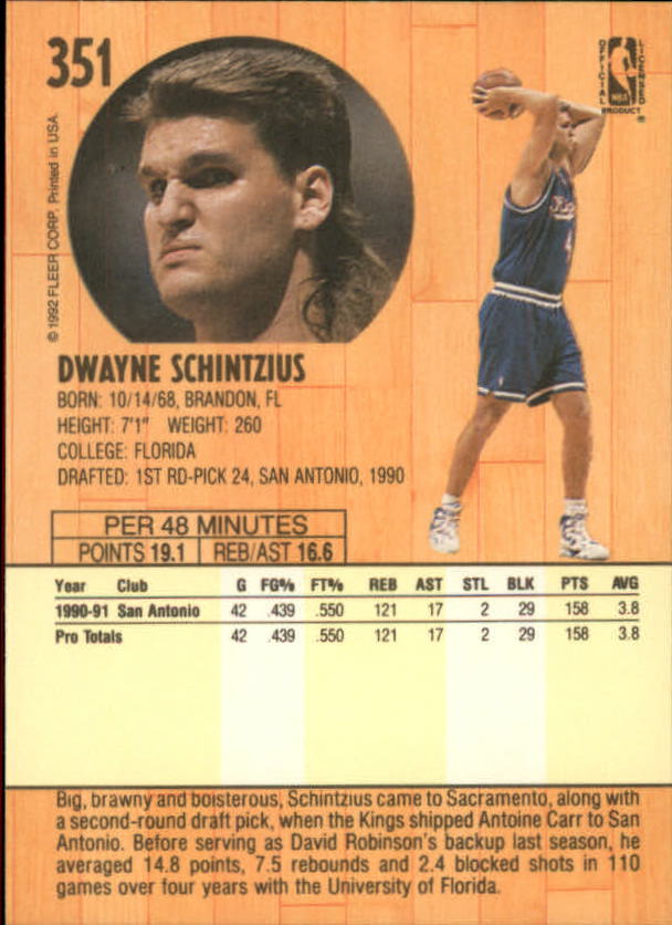 1991-92 Fleer #351 Dwayne Schintzius back image