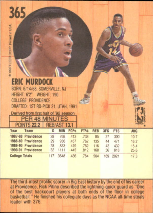 1991-92 Fleer #365 Eric Murdock RC back image