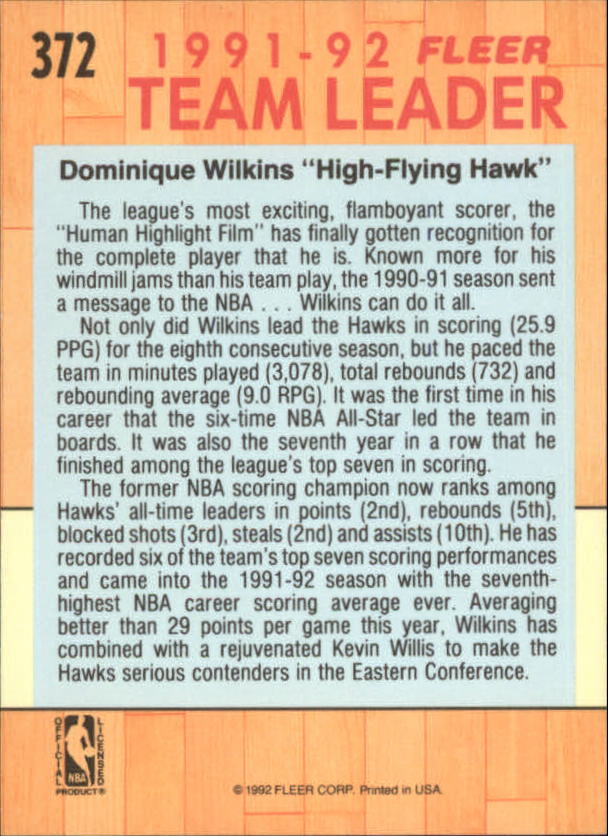 1991-92 Fleer #372 Dominique Wilkins TL back image