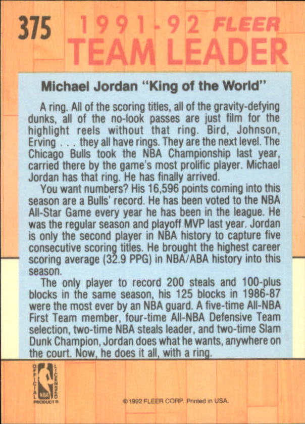 1991-92 Fleer #375 Michael Jordan TL back image