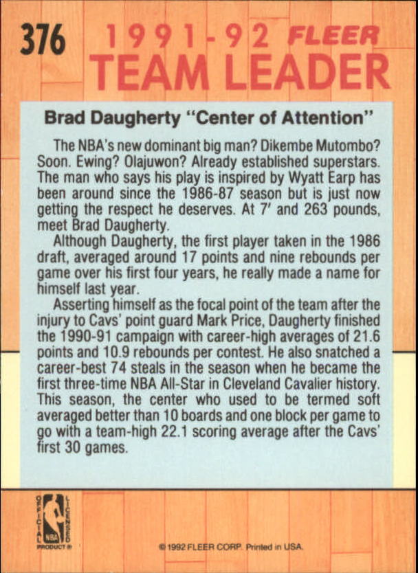 1991-92 Fleer #376 Brad Daugherty TL back image